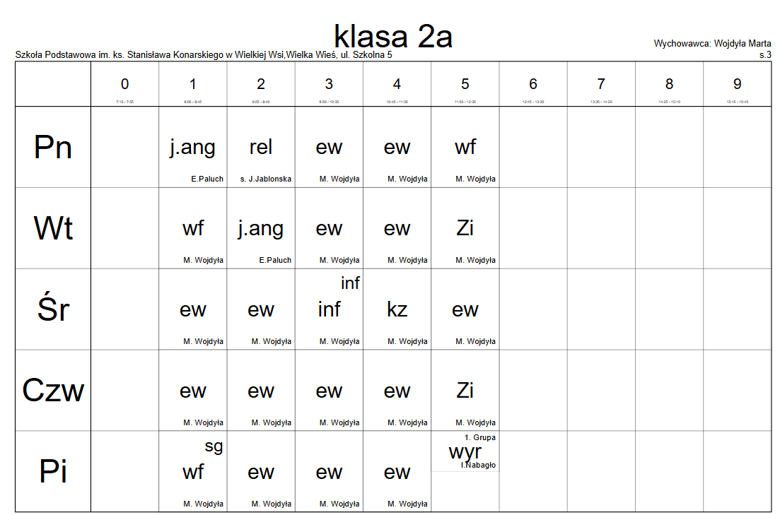 plan lekcji klasa 2a