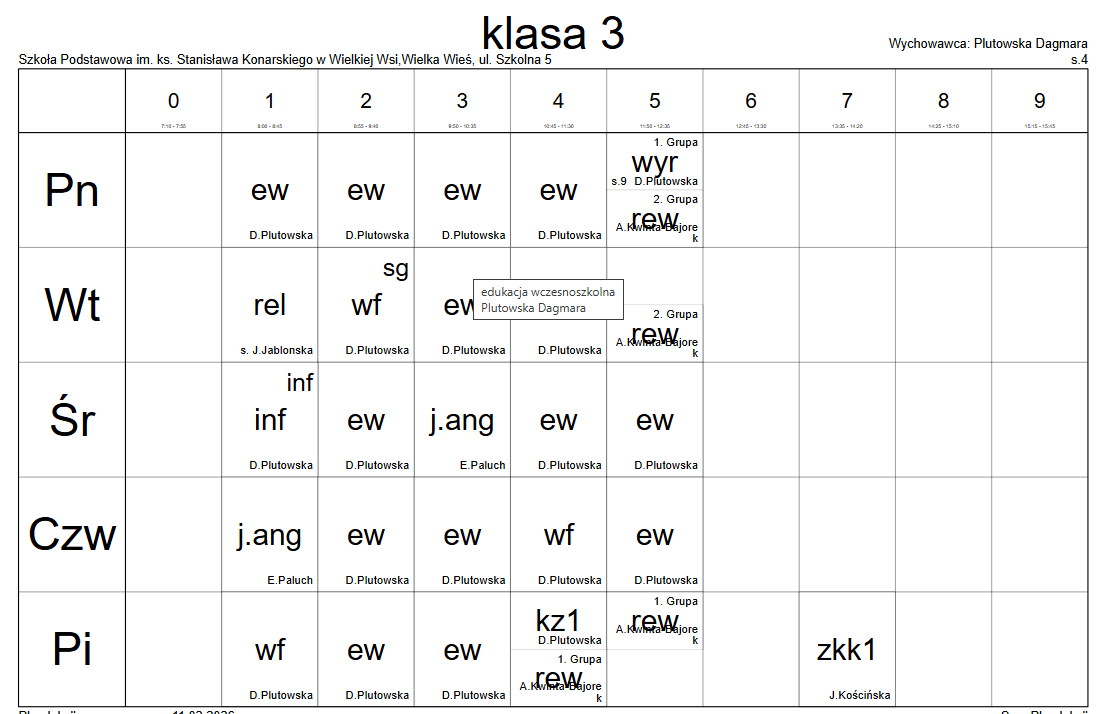 plan lekcji klasa 3