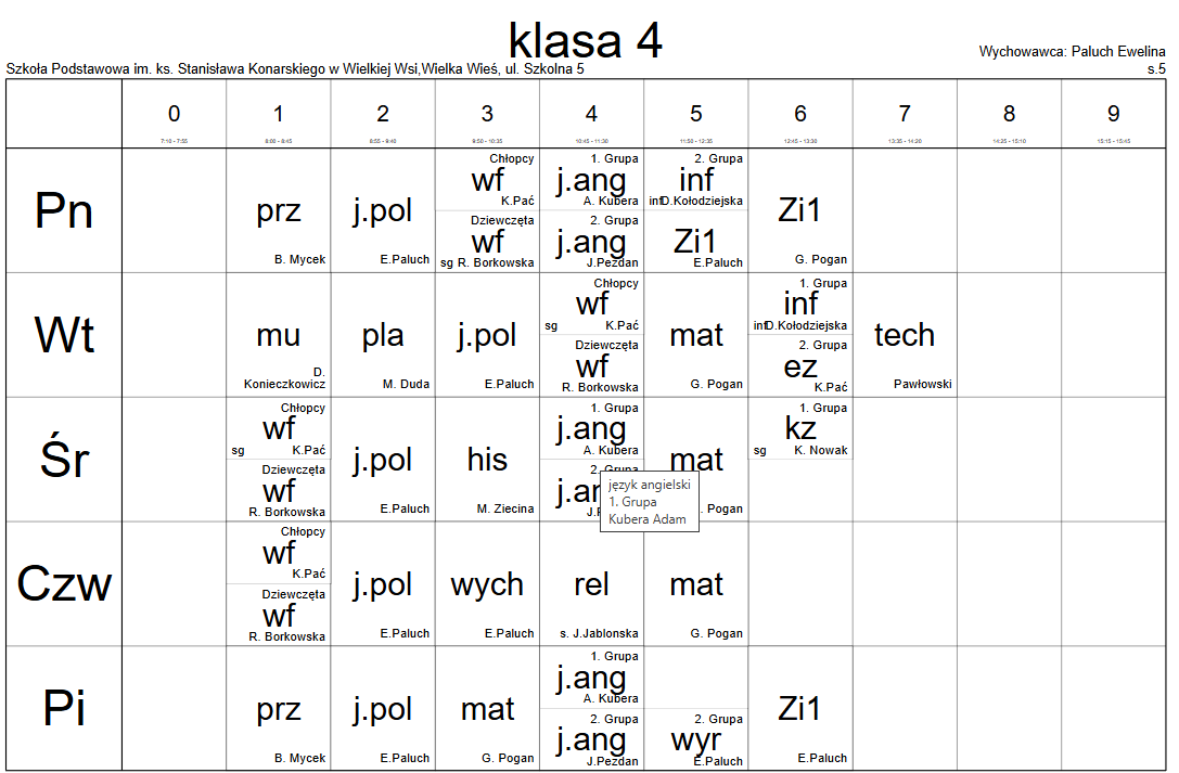 plan lekcji klasa 4