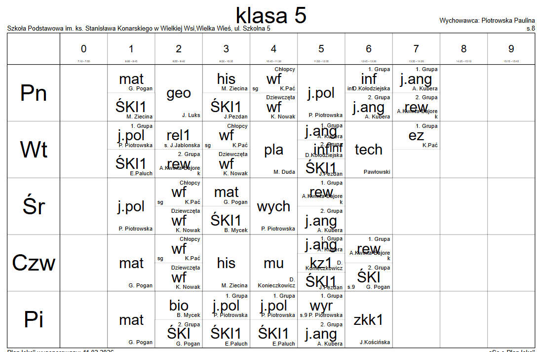 plan lekcji klasa 5