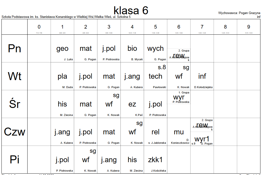 plan lekcji klasa 6
