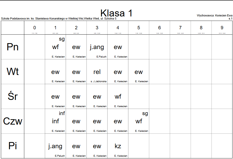 plan lekcji klasa 1