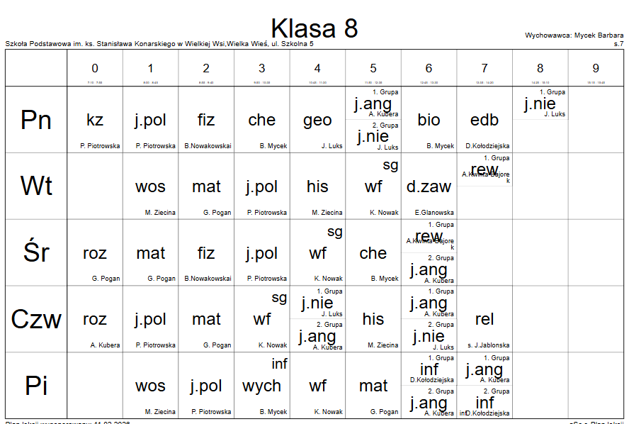 plan lekcji klasa 8